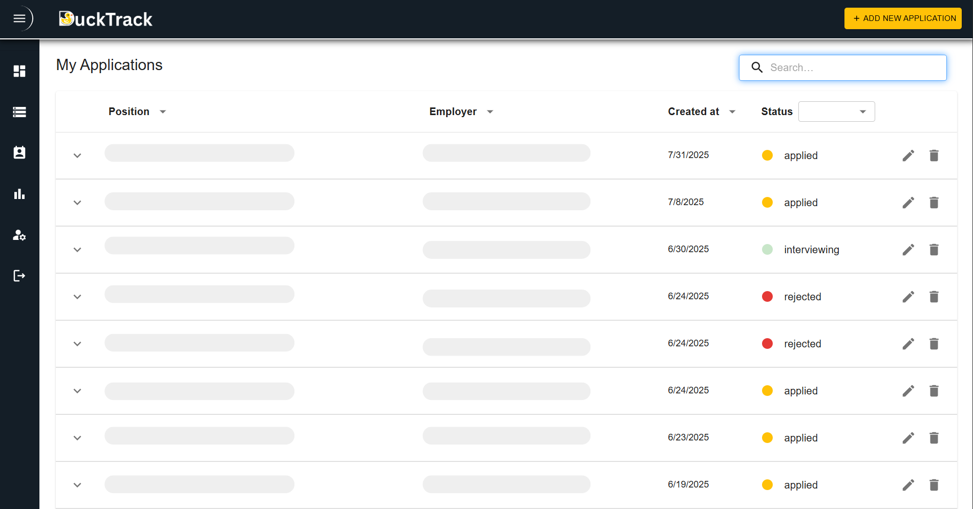 DuckTrack applications table screenshot